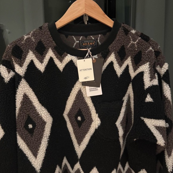 New With Tags Beams Plus Jacquard Boa Fleece grey Geometric Crewneck Sweater - Picture 2 of 4